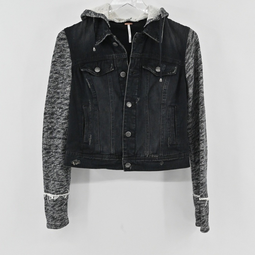 Free People Mixed Media Denim Jacket Womens Size S Black Cotton Detachable Hood